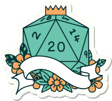 Bir insan tarafından çizilmiş 20 D20 zarının çıkartması.