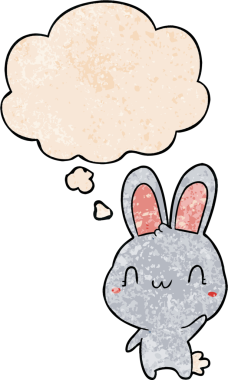 Bir insan tarafından çizilmiş grunge desenli düşünce baloncuğuyla sallanan çizgi film tavşanı