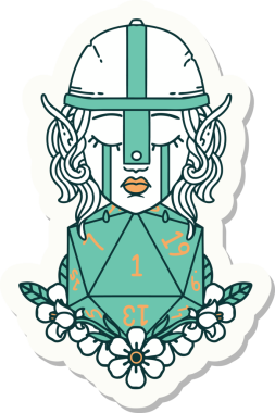 Hüzünlü bir elf savaşçı karakterinin çıkartması. Bir insan tarafından çizilmiş doğal bir d20 rulo.