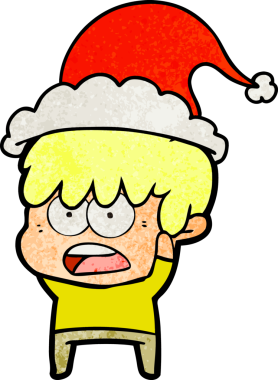 Endişeli el çizimi, Noel Baba şapkası takan bir çocuğun insan tarafından çizilmiş karikatürü.