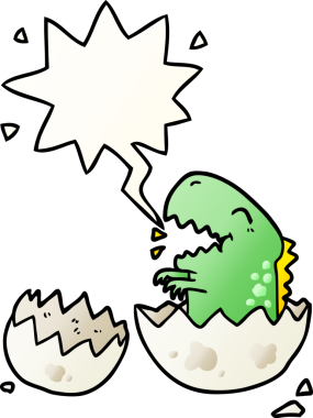 Karikatür dinozoru yumurtadan çıkıyor konuşma baloncuğuyla bir insan tarafından çizilmiş yumuşak bir eğim tarzıyla.