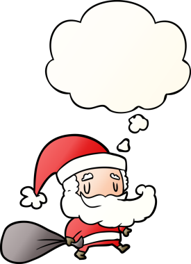 Düşünce baloncuklu çuval ve bir insan tarafından çizilmiş yumuşak eğimli noel baba çizgi filmi.