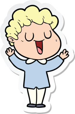 Bir insan tarafından çizilmiş, gülen bir karikatürcünün çıkartması.