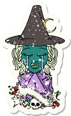 Retro Dövme Tarzı Ağlama Yarı Ork Cadı Karakteri Yüzü Doğal Bir D20 zar bir insan tarafından çizilmiş