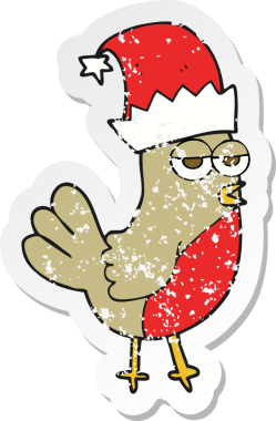 Bir insan tarafından çizilmiş noel şapkasındaki robin çizgi filminin gerilimli retro yapıştırması.