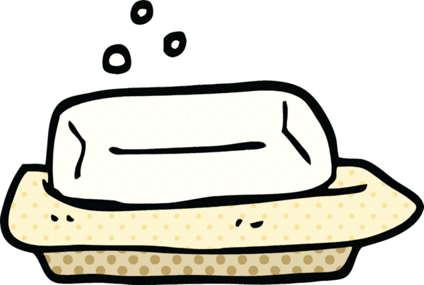 Bir insan tarafından çizilmiş çizgi roman tarzı sabun ve yemek.