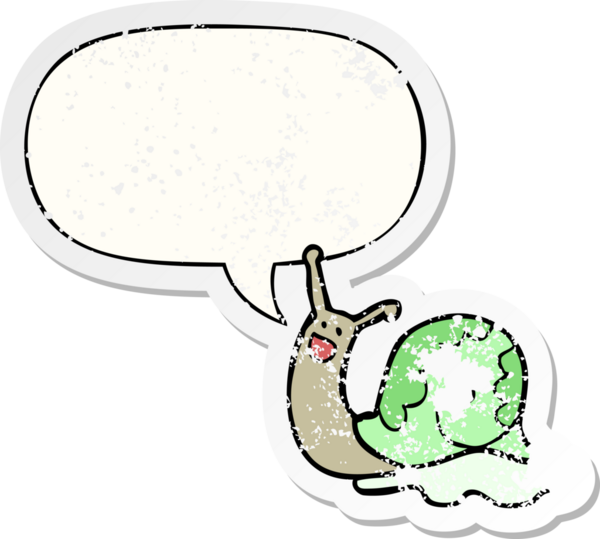 Tatlı çizgi film salyangozu konuşma baloncuğu ile sıkıntılı eski bir çıkartma bir insan tarafından çizilmiş