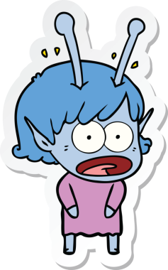 Bir insan tarafından çizilmiş uzaylı bir kızın karikatür çıkartması.