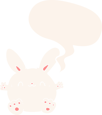 Konuşma baloncuğu olan sevimli çizgi film tavşanı insan tarafından çizilmiş.