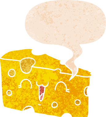 Konuşma baloncuklu çizgi film peyniri bir insan tarafından çizilmiş dertli retro desenli.