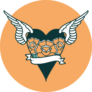 Bir insan tarafından çizilmiş çiçek ve bayrak ile uçan bir kalbin ikonik dövme görüntüsü