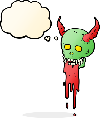 Bir insan tarafından çizilmiş bir düşünce baloncuğu olan ürkütücü cadılar bayramı kafatası çizgi filmi.