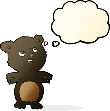 Bir insan tarafından çizilmiş düşünce baloncuğu olan mutlu küçük siyah ayı.