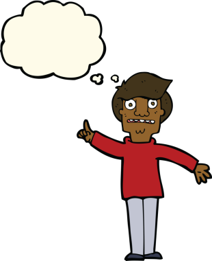 Çizgi filmci bir insan tarafından çizilmiş düşünce baloncuğuyla soru soruyor.