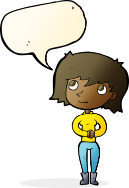 Bir insan tarafından çizilmiş konuşma balonu olan karikatür dostu bir kadın.