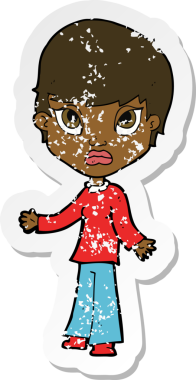 Bir insan tarafından çizilmiş omuzlarını silken karikatürlü bir kadının gerilmiş çıkartması.