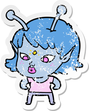 Bir insan tarafından çizilmiş güzel uzaylı bir kızın sıkıntılı çıkartması.