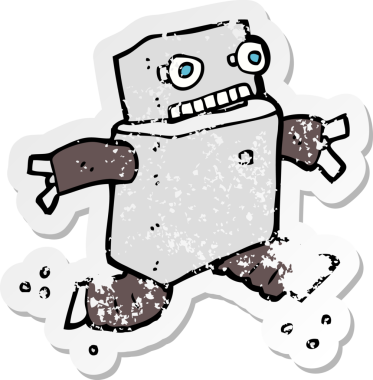 Bir insan tarafından çizilen çizgi film robotunun gerilimli retro çıkartması.