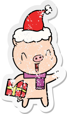 Mutlu el çizilmiş hüzünlü bir domuz çıkartması. Noel Baba şapkası giymiş bir insan tarafından çizilmiş.