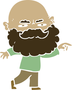 Düz renkli çizgi film karakteri sakallı, kaşlarını çatmış ve bir insan tarafından çizilmiş.