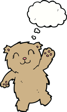 Bir insan tarafından çizilmiş düşünce balonlu oyuncak ayıyı sallayan çizgi film.