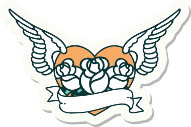 Geleneksel bir dövme stili. Uçan kalp. Çiçekler ve bir insan tarafından çizilmiş bayrak.