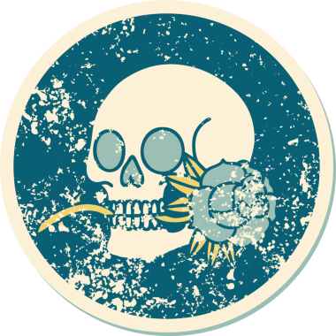 Bir insan tarafından çizilmiş kafatası ve gülün sembolik dövmeli görüntüsü.