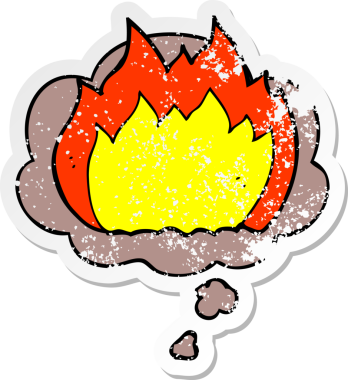 Düşünce baloncuklu çizgi film ateşi bir insan tarafından çizilmiş yıpranmış bir çıkartma gibi.