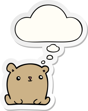 İnsan tarafından çizilmiş bir çıkartma gibi düşünce baloncuğu olan sevimli çizgi film ayısı.