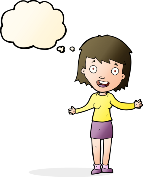 Bir insan tarafından çizilmiş düşünce baloncuğu olan heyecanlı bir kadın.