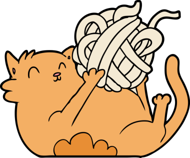 Bir insan tarafından çizilmiş bir ip yumağıyla oynayan çizgi film kedisi.