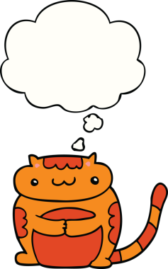 Bir insan tarafından çizilmiş düşünce baloncuklu şirin çizgi film kedisi.