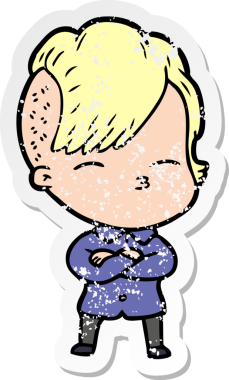 Bir insan tarafından çizilmiş, gözlerini kısan bir çizgi film karakterinin sıkıntılı çıkartması.