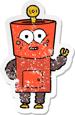 Mutlu çizgi film robotunun sıkıntılı çıkartması. Bir insan tarafından çizilmiş selam.