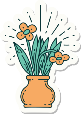 Bir insan tarafından çizilmiş vazoya dövme stili çiçek yapıştırması.