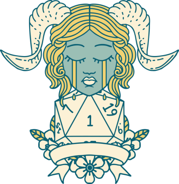 Retro Dövme Tarzı Ağlama Yüzü Doğal 1 D20 Dice ile Bir insan tarafından çizilmiş