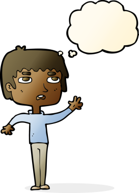 Bir insan tarafından çizilmiş düşünce baloncuğuyla el sallayan mutsuz çocuk.