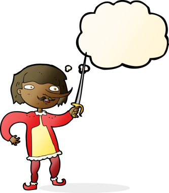 Bir insan tarafından çizilmiş düşünce balonlu kılıçlı bir karikatür adam.