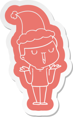 Bir insan tarafından çizilmiş Noel Baba şapkası takan mutlu bir çocuğun garip çizgi film çıkartması.