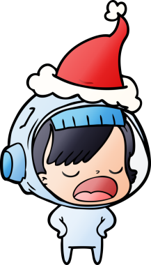 Bir astronot kadının insan tarafından çizilmiş Noel Baba şapkası giydiğini anlatan el çizimi bir çizgi film.