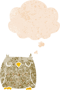 Bir insan tarafından çizilmiş grunge sıkıntılı retro biçimli düşünce baloncuğu ile sevimli çizgi film baykuşu