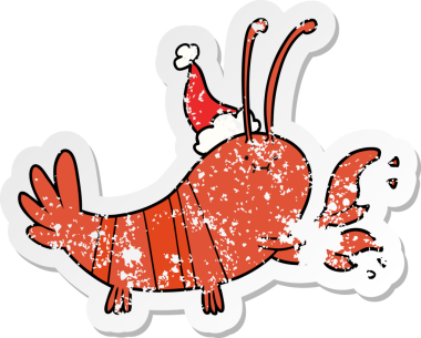 Bir insanın çizdiği Noel Baba şapkası takan ıstakozun kederli çıkartması.