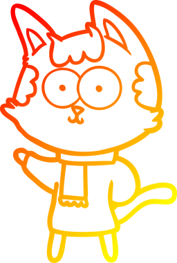 Bir insan tarafından çizilmiş kışlık giysiler içinde mutlu bir çizgi film kedisinin sıcak çizgi çizimi