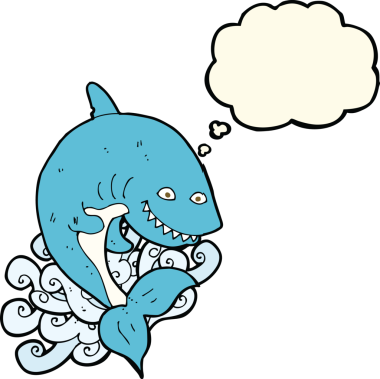 Bir insan tarafından çizilmiş düşünce baloncuklu çizgi film köpekbalığı.