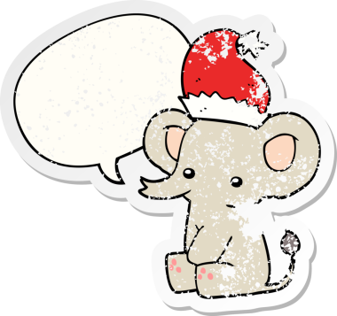 Konuşma baloncuklu şirin Noel fili bir insan tarafından çizilmiş kederli eski bir çıkartma.