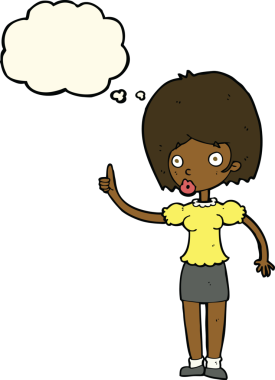 Bir insan tarafından çizilmiş düşünce baloncuğu fikri olan karikatür kadın.