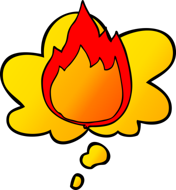 Düşünce baloncuğu olan çizgi film ateşi bir insan tarafından çizilmiş.