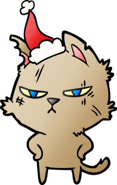 Bir insan tarafından çizilmiş Noel Baba şapkası takan bir kedinin gradyan çizimi.