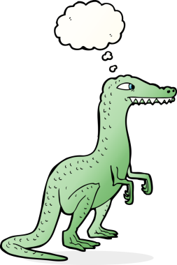 Bir insan tarafından çizilmiş düşünce baloncuklu bir dinozor.