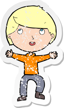 Bir insan tarafından çizilen mutlu çocuk çizgi filminin kederli retro yapıştırması.